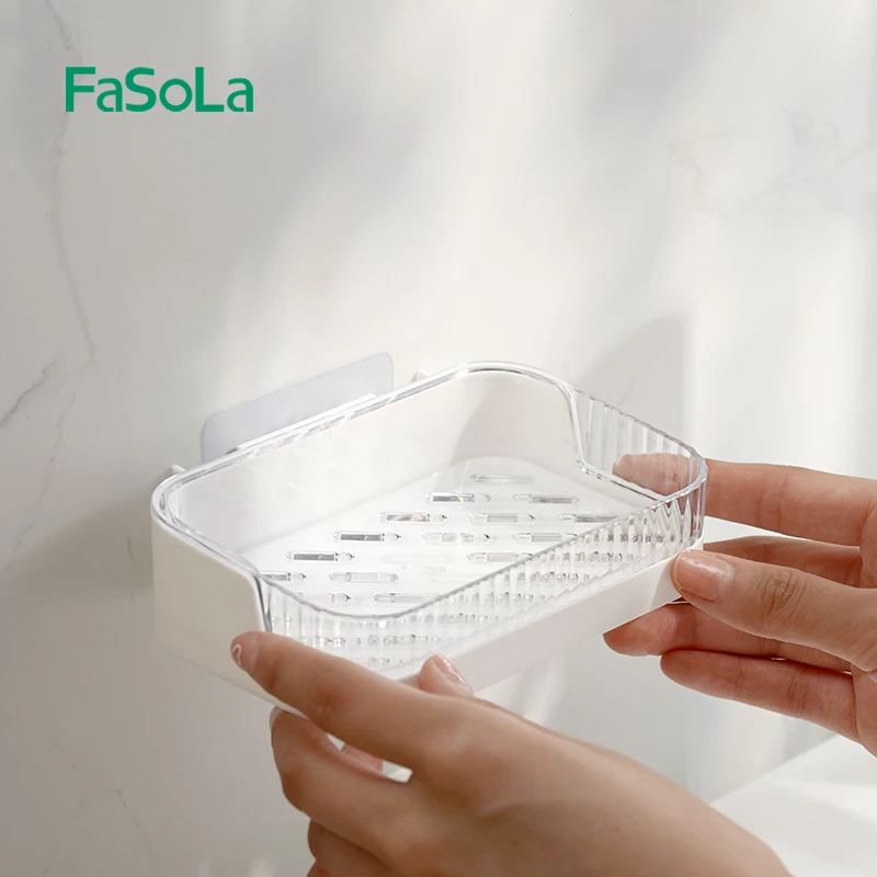 FaSoLa Plastic Wall Mounted Soap Dish Holder Soap Saver Dish Soap Tray Dispenser Bathroom Kitchen Sink Organizer