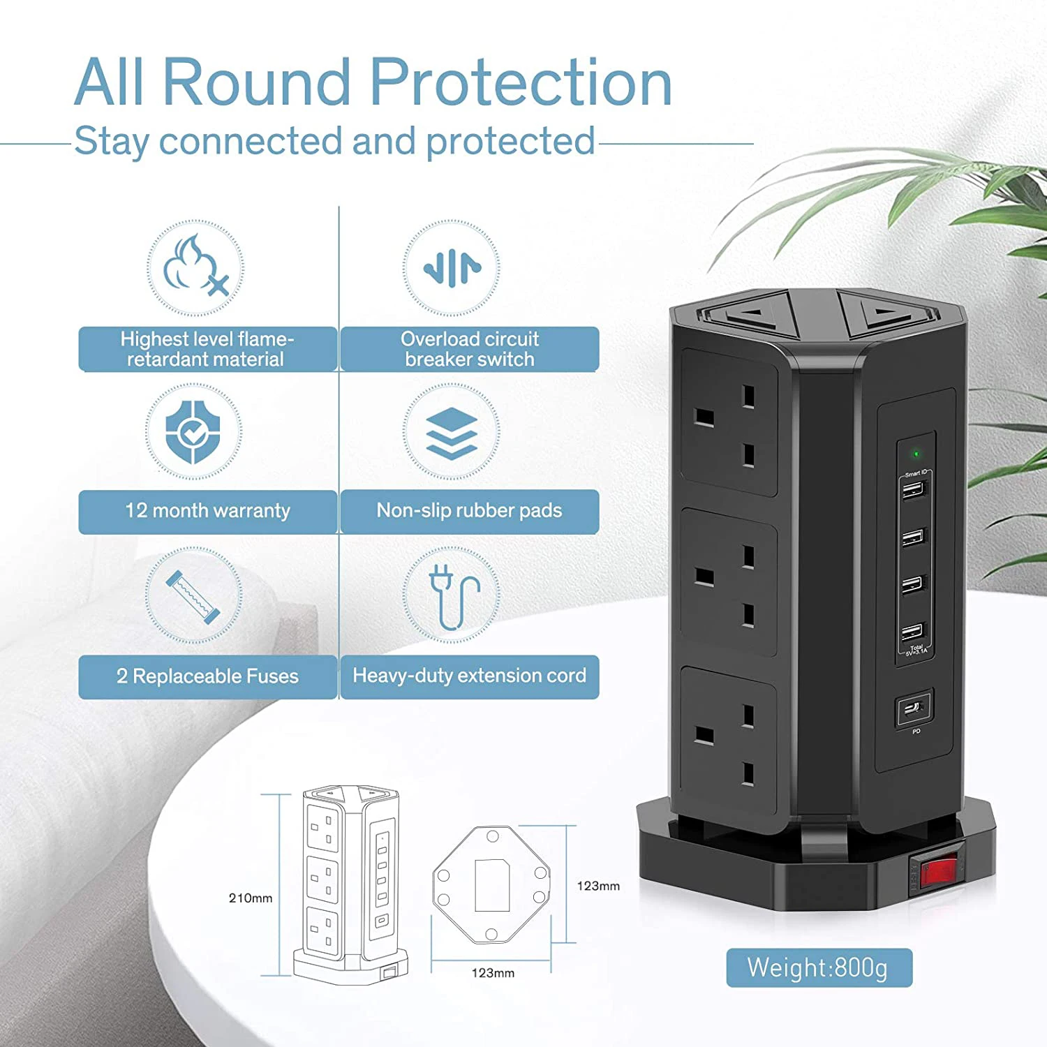 220V 13 Amp CE Vertical Power Plug and Tower Shape Extension Socket USB Outlet UK with USB -A USB-C charging socket