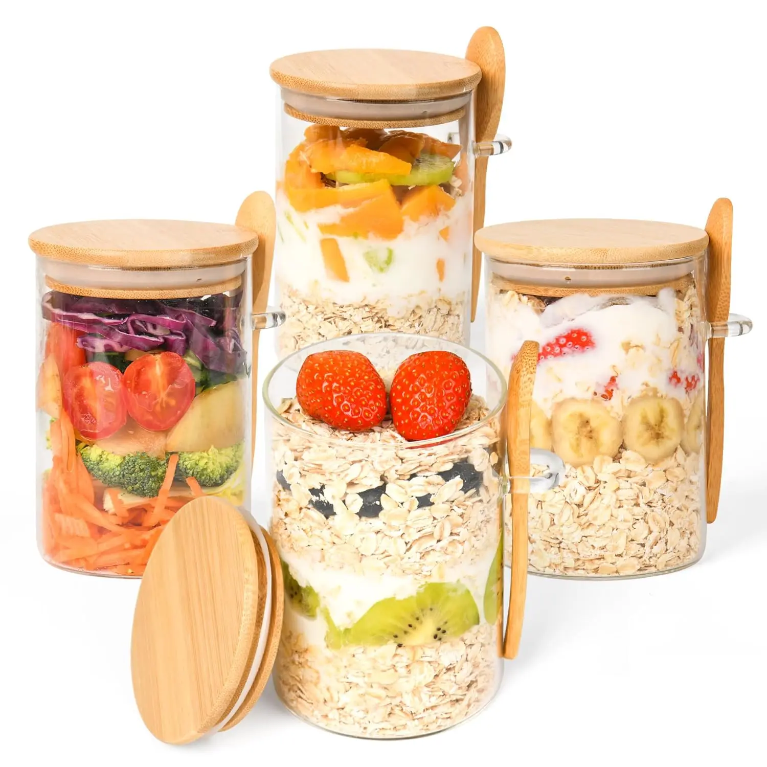 Wholesale Kitchen 18 Oz High Round Overnight Oats Containers Glass Jar with Wooden Lids Spoons for Chia Seed Pudding Yogurt