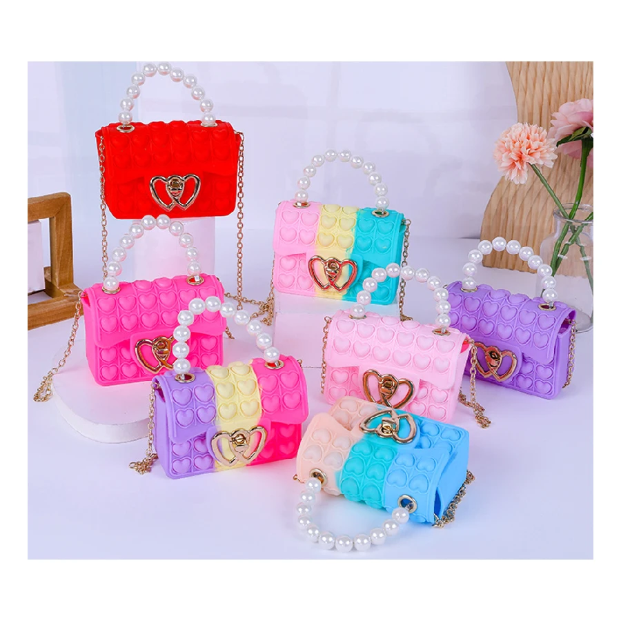Hot Selling Child Crossbody Pearl Handbag Sling Purse Silicone Love Button Bubble Pop Jelly Bag Fifget Pop Itting Toys for Kids