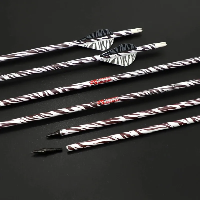 6/12pcs ID 6.2mm 30in Sp400 Pure Carbon Zebra Skin Arrow with 2in Tiger Stripe Vane Arrows Recurve/Compoud Bow Hunting Shooting
