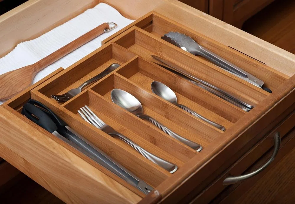 Регулируемый держатель для хранения столовых приборов органайзер из бамбука расширяемый поднос с 5 отделениями