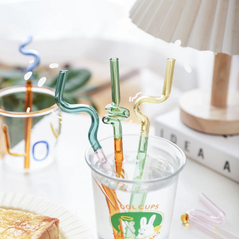 Heat Resistant Creative Colorful Juice Straw Colorful Glass Straw Transparent Glass Tube Lip Protecting Straw