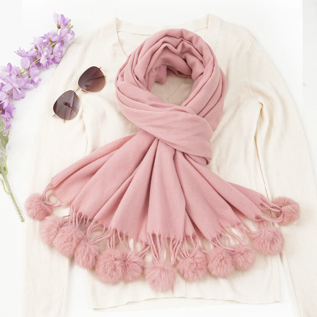 Custom Women Shawl Winter Thick Warm Wraps and Capes With Fur Ball Pom Pom Female Imitation Cashmere Pashmina Scarves