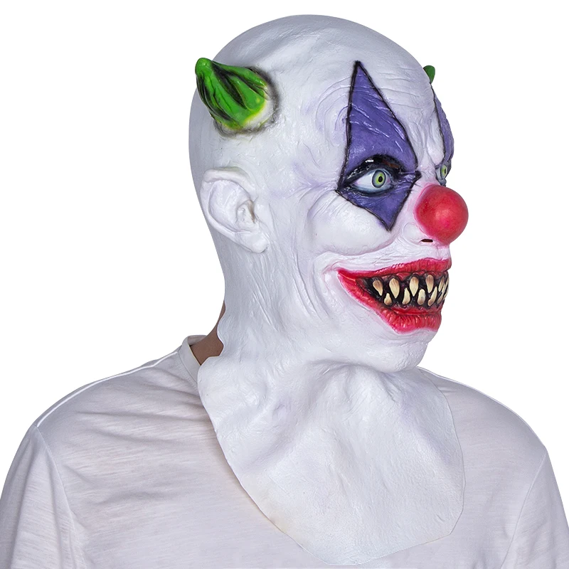 Evil Joker Mask Halloween Carnival Party Horror Killer Clown Latex Masks Creepy Green Horned Clown Mask Head Cover Holiday Gift