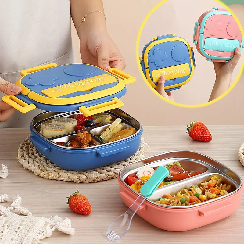 2023 Hotselling 304 SUS stainless steel lunch box with 2 or 3 compartment square heated lunch box with cutlery for kids