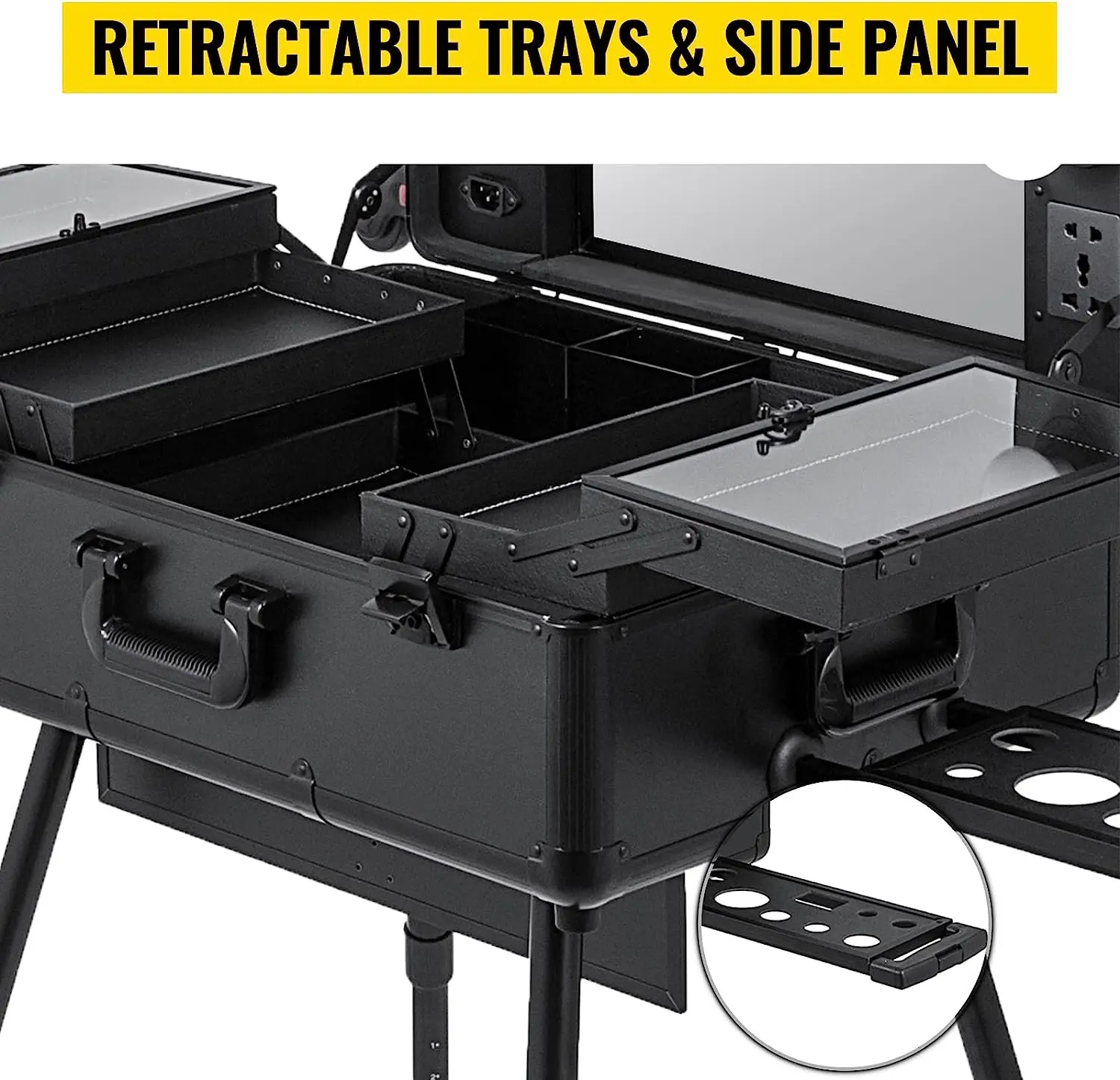 Makeup Travel Rolling Carry Case Cosmetic Beauty Trolley Suitcase Makeup Case Light Screen Mirror Adjustable Legs with led