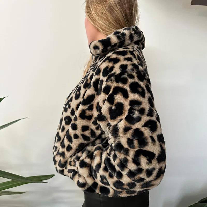 2024 Women Fashion Leopard short jacket Coat Vintage Long Sleeves Button Up Female Outerwear plush autumn winter coat