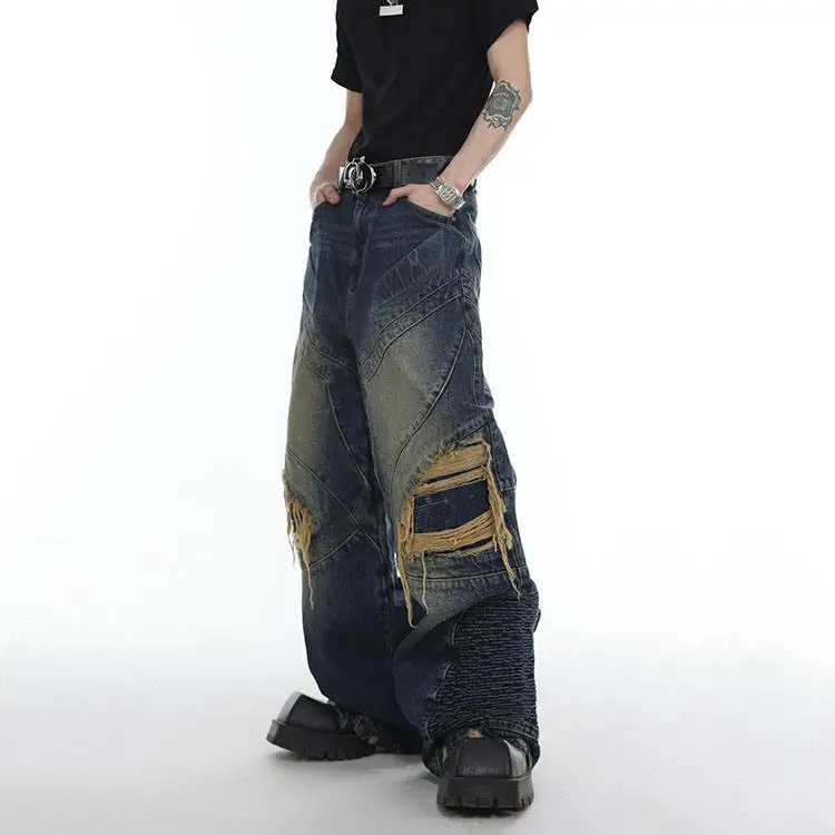 AeeDenim Custom Cotton Wide Leg Distressed Washed Baggy Wax Jeans Men Loose Means Jeans
