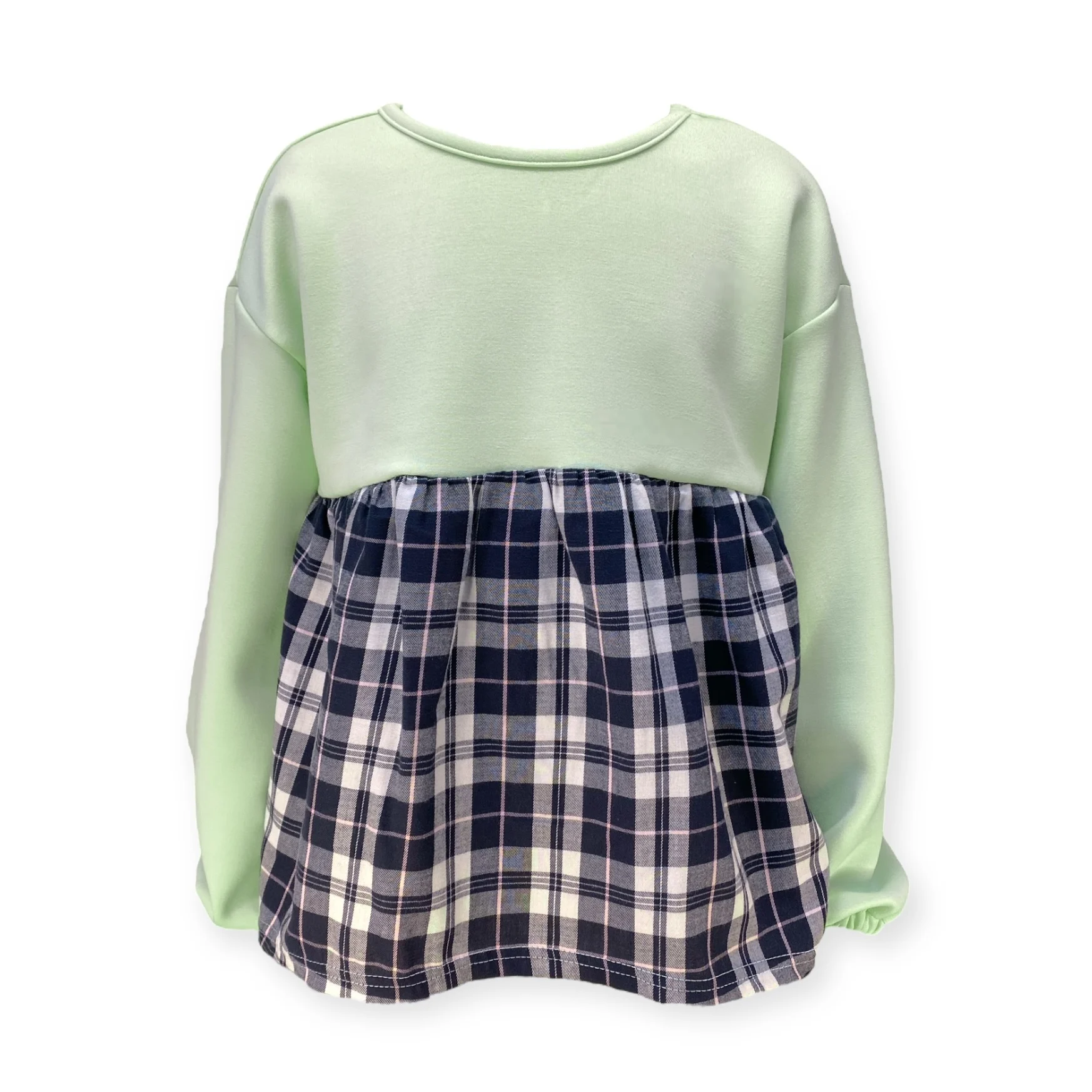 Professional Manufacturer Green Color Loose Waist Plaid Shirred Snit Top For Girls