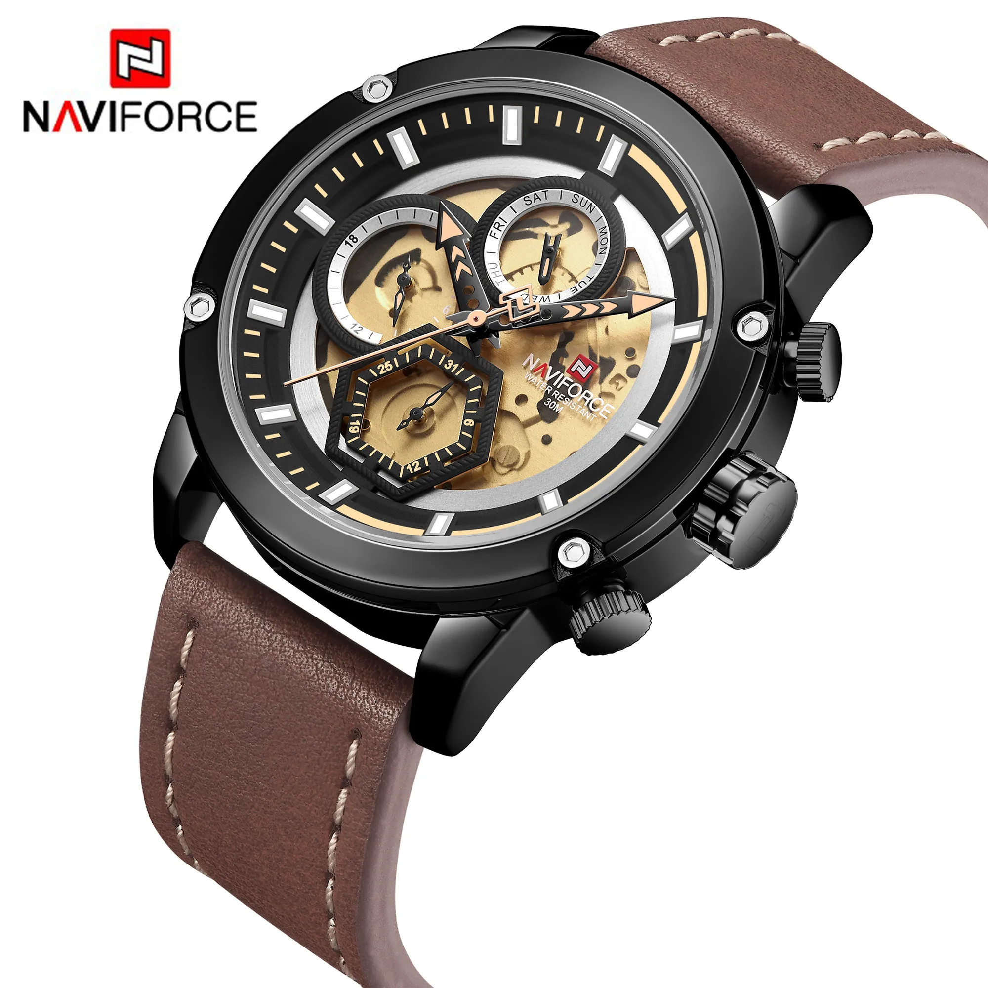 Naviforce watches 9167 Leather relojes Stainless Steel Mens wrist watch Luxury Quartz Sport Watch for men