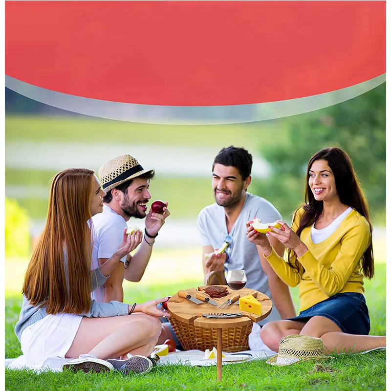 Natural Bamboo Outdoor Portable Beach Table for Sand and Grass Wine Snack Cheese Tray with 4 Serving Utensils Picnic Board