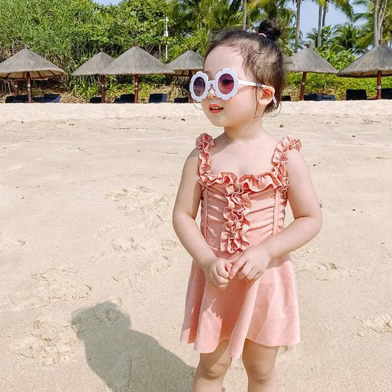 2024 Hot Sale Cartoon Cute Light Pink Mesh New Wholesale Kids Bikini Girls Swim Skirt One Piece Swimsuit For Girls
