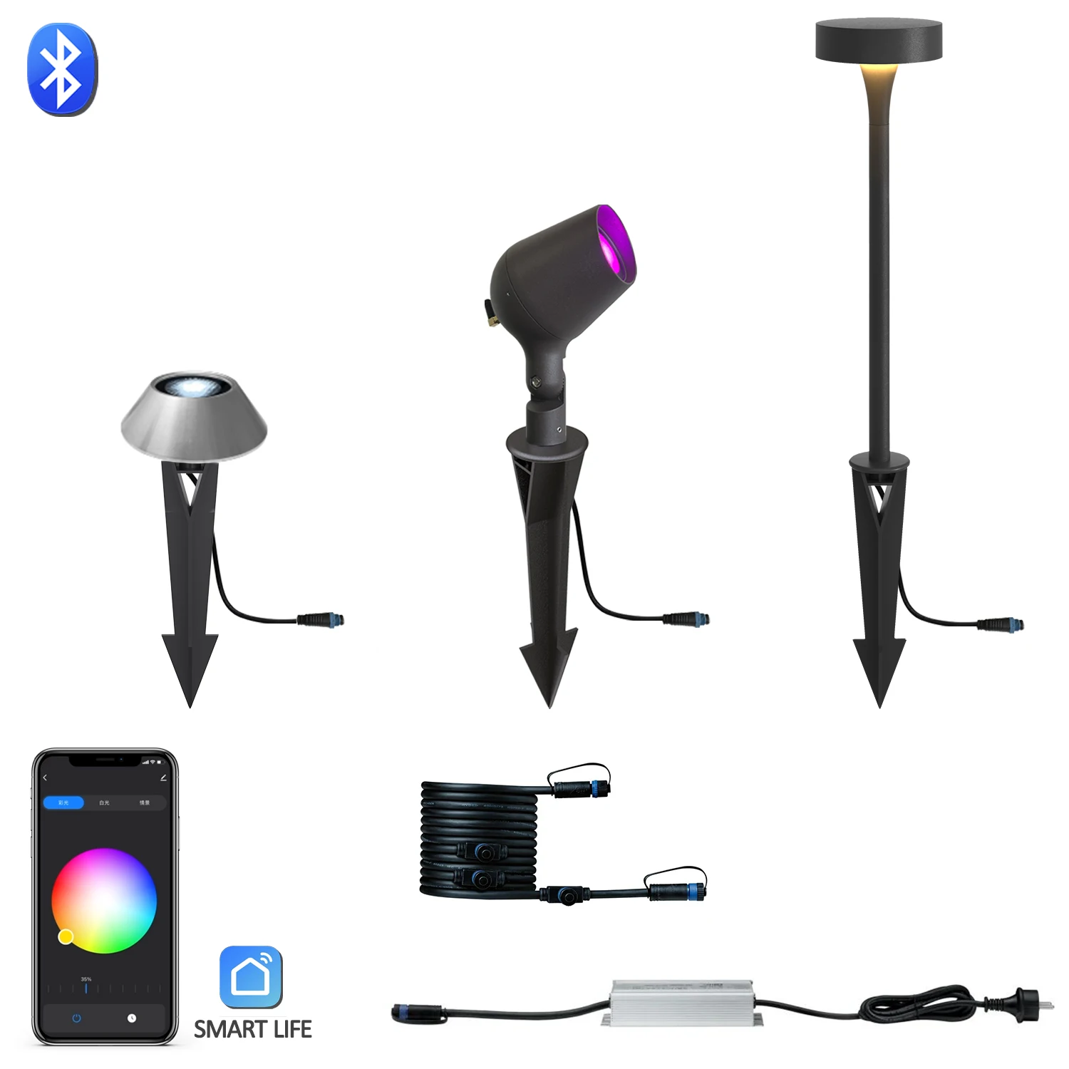 RGBW 12W LED Color-Changing Landscape Lights Smart Bluetooth Garden Lights with Work Wire Connectors Low Voltage DC 12V