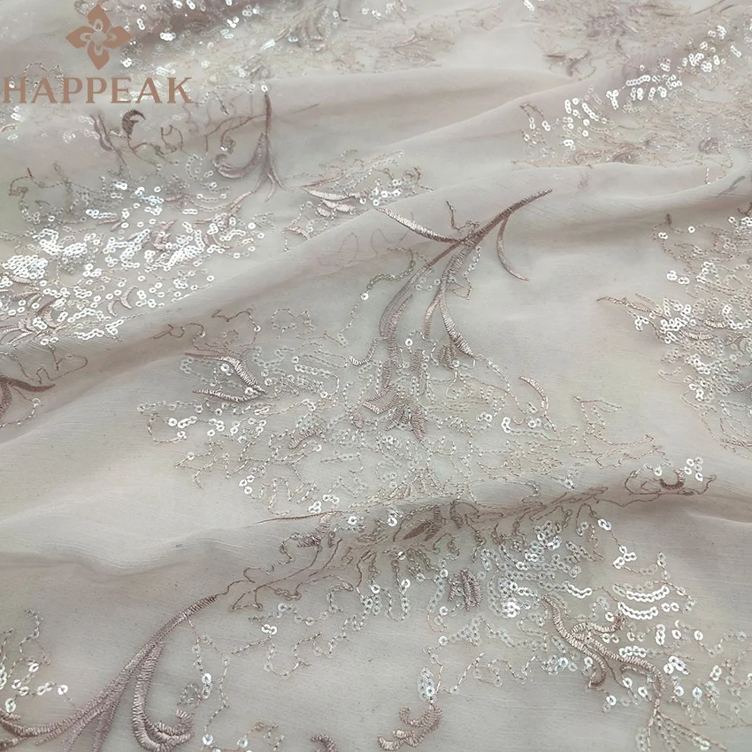 HAPPEAK high quality soft spangle sequins chiffon floral embroidery sequin fabric