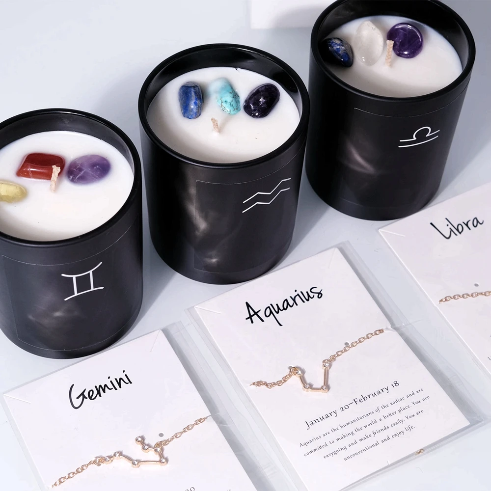 New Arrival Private Label Handmade Aromatherapy Soy Wax Candles Crystal Healing 12 Zodiac Candles With Gemstones