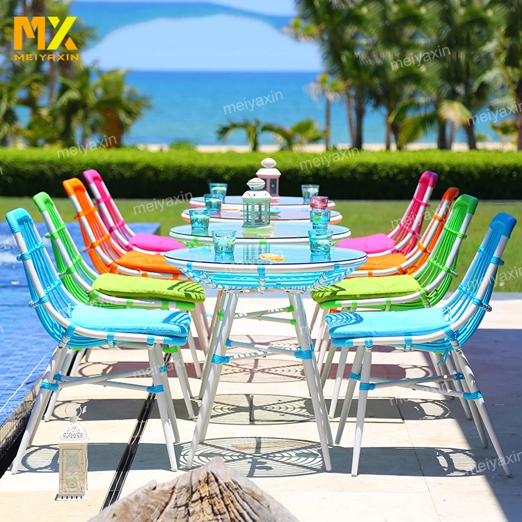 MX Leisure outdoor garden decor plastic blue rattan backyard dining furniture set