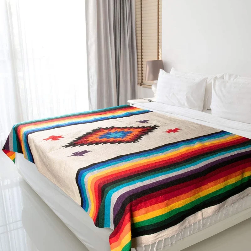 Monad Hot Outdoor Custom Mazatlan Hand-Woven Hooded Blanket Tapestry with Intricate Mexican Saltillo Diamond for Sofa Beach Bed