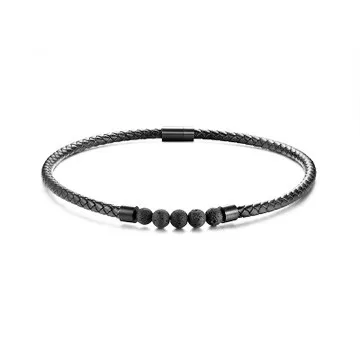 Stainless Steel Magnet Buckle Volcanic Lava Rock Stone Genuine Leather Choker Collar Black Necklace