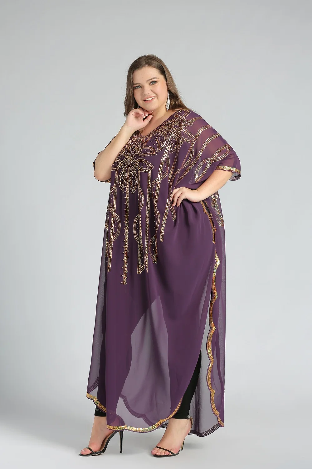 Eid Ramadan Islamic Clothing flower pattern Sequins embroidery Chiffon Caftan Loose Casual Abaya Muslim Dress