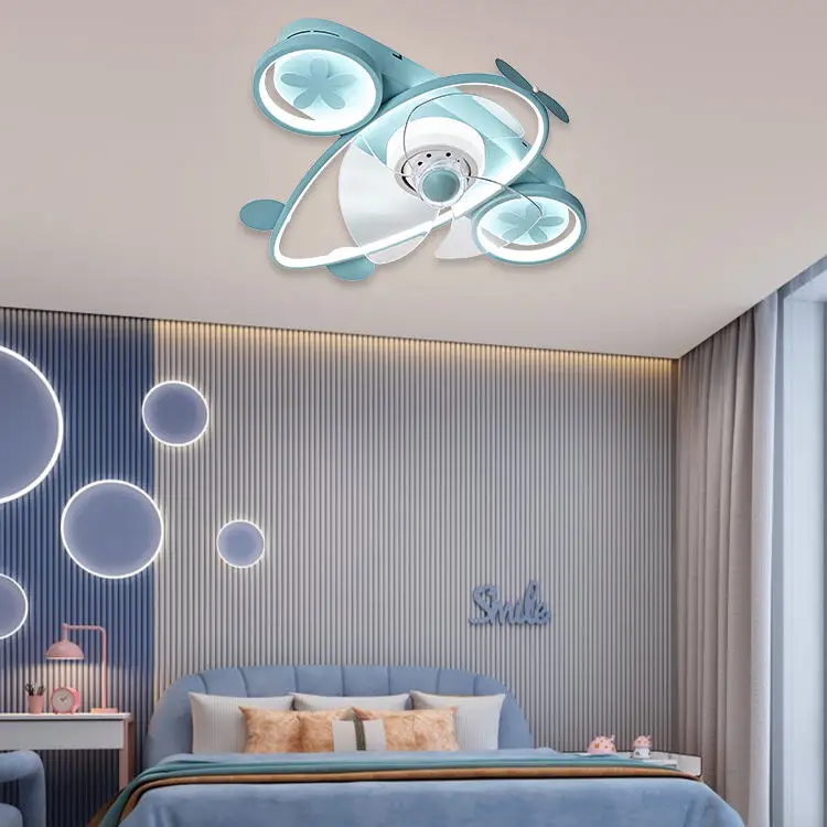 Modern kids room bedroom fancy decoration cartoon airplane colorful with remote control ceiling fan light for children room