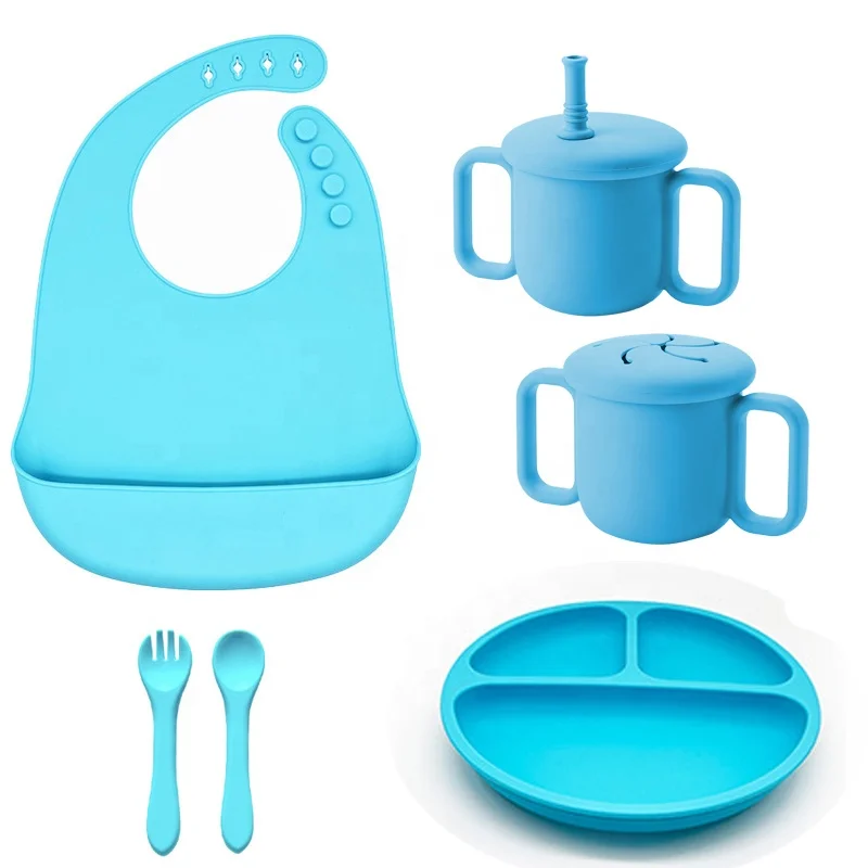 Silicone Baby Feeding Set Baby Led Weaning Supplies Bowl Divided Plate Adjustable Bib with Suction Plate and Bowl