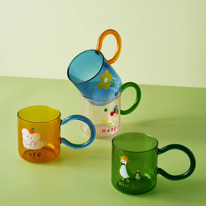 2021 New Design Glass Cups Cartoon Personalized Printing Heat Resistant Reusable Coffee Mug With Color Handle 3215