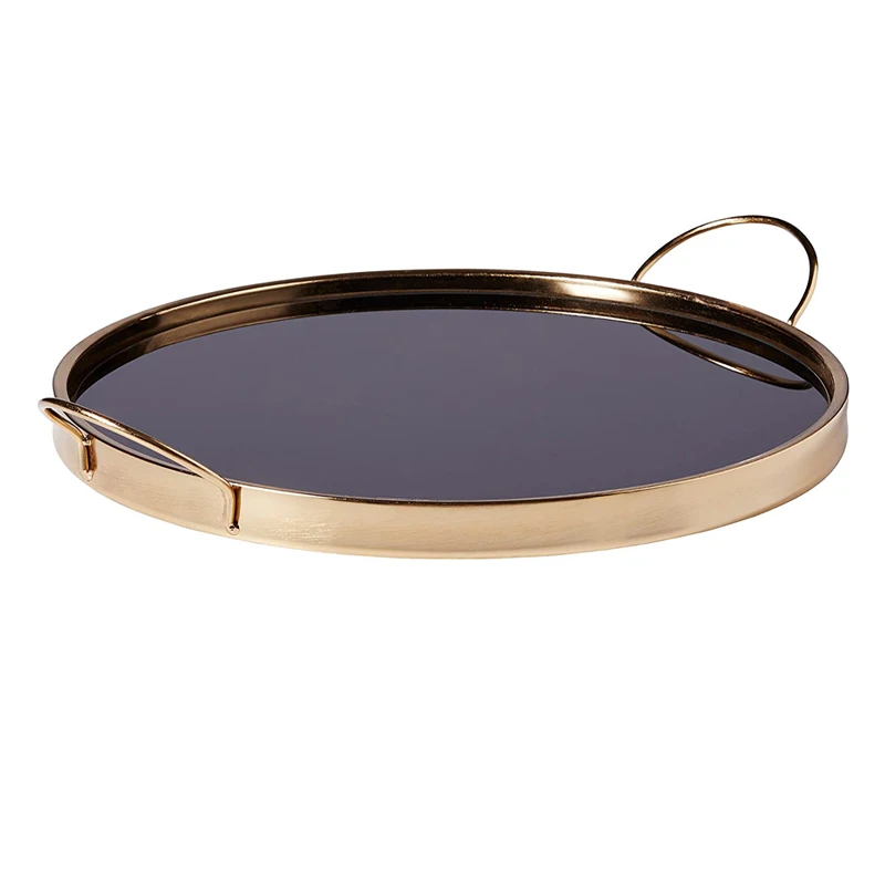 Luxury round metal vanity wine serving trays vintage gold brown glass Indian mirror trays for home and hotel table decorative