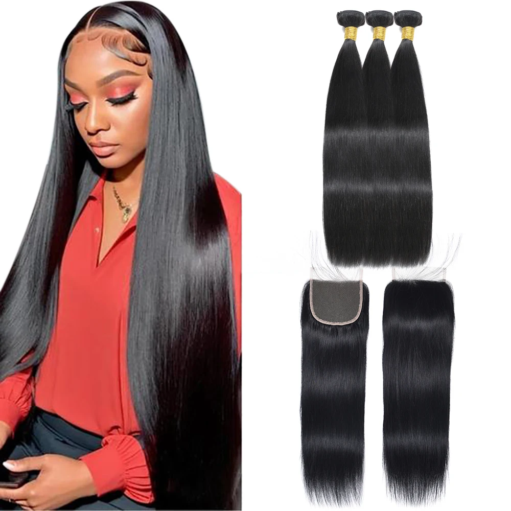 Straight Bundles With 4x 4 Lace Closure Natural Black Brazilian Unprocessed Human Hair Bundles For Woman raw hair