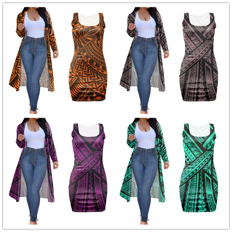 Newest Women Set Tribal Polynesian Custom Print 2 Piece Set Outfit Women Clothing Short Bodycon Dress With Long Coat Plus Size