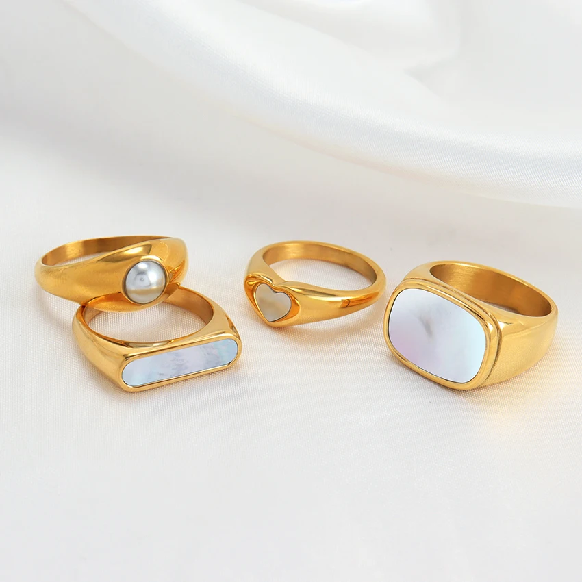 Minos Fashion Mother of Pearl Dome Ring Sets Jewelry Gold Stainless Steel Heart Round Square Multi Style White Shell Ring