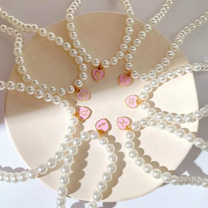 2022 New Design Fashion Enamel Pink Heart Pendant 12 Horoscope Pearl Beaded Zodiac Sign Choker Necklace For Women