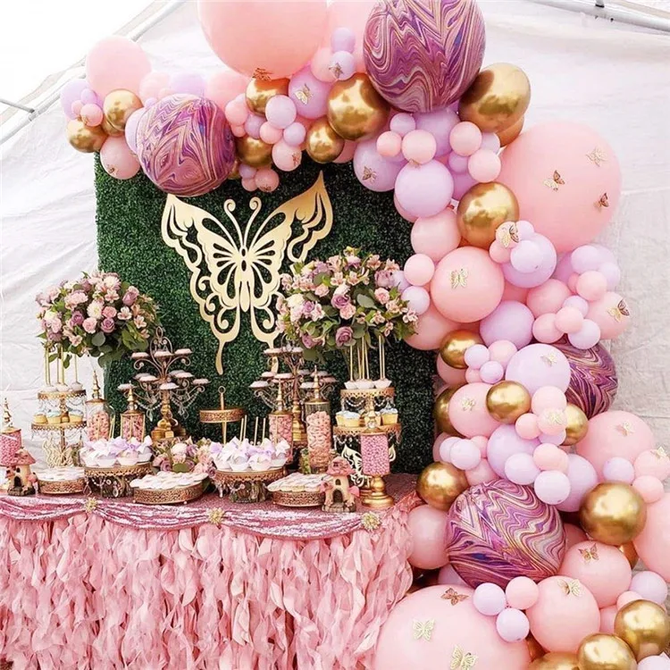 130PCS Butterfly Baby Girl Balloon Garland Arch Kit,22 Inch 4D Purple Pink Marble Foil Balloons with Pink Purple Gold Balloon