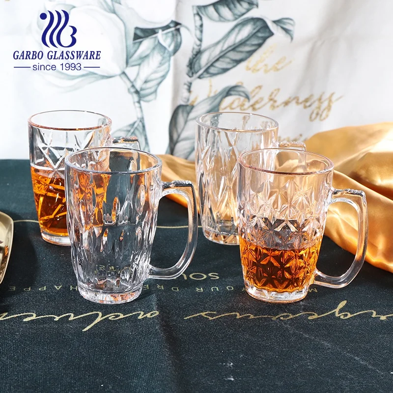 Massive production glassware exclusive embossed 12oz transparent glass tea mug 340ml glass coffee mug with 8 mixed mold designs