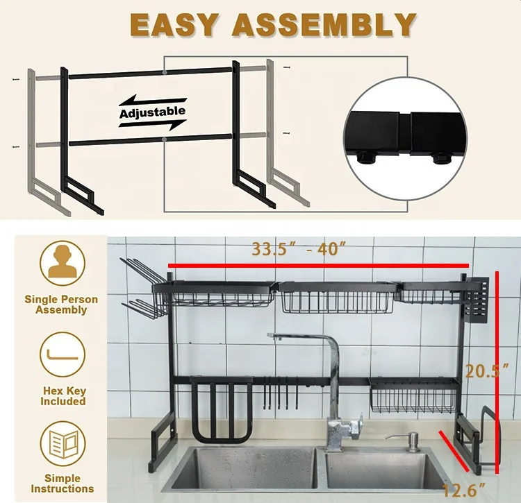 
Factory price black telescopic shelf dish drainer kitchen storage holders racks 