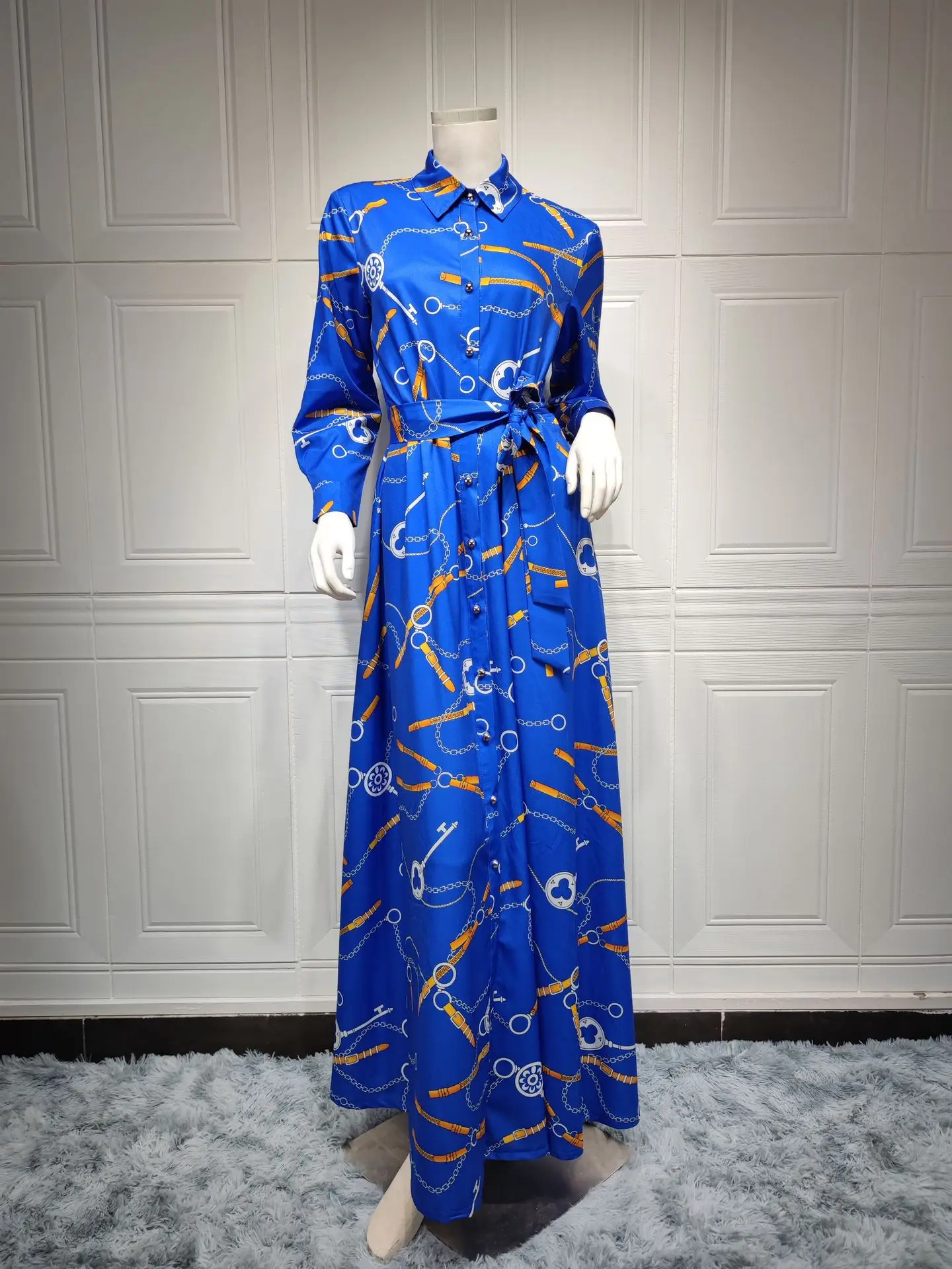 Southeast Asia Indonesia Printed Vintage Dress Women Muslim Clothing Turn Down Neck Long Sleeves Evening Dresses for Party 2022