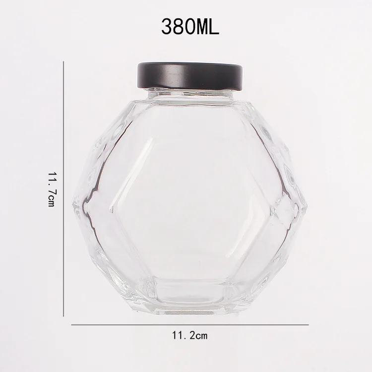 Luxury New Design 200ml  380ml Hexagonal Shape Empty Glass Honey Jar Food Storage Jar with Wooden Cap and Dipper