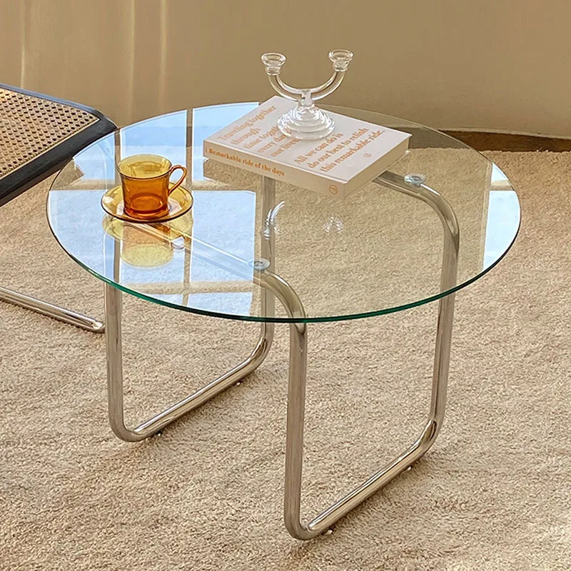 Nordic small round table light luxury sofa living room side table sliver stainless steel round tempered glass coffee table
