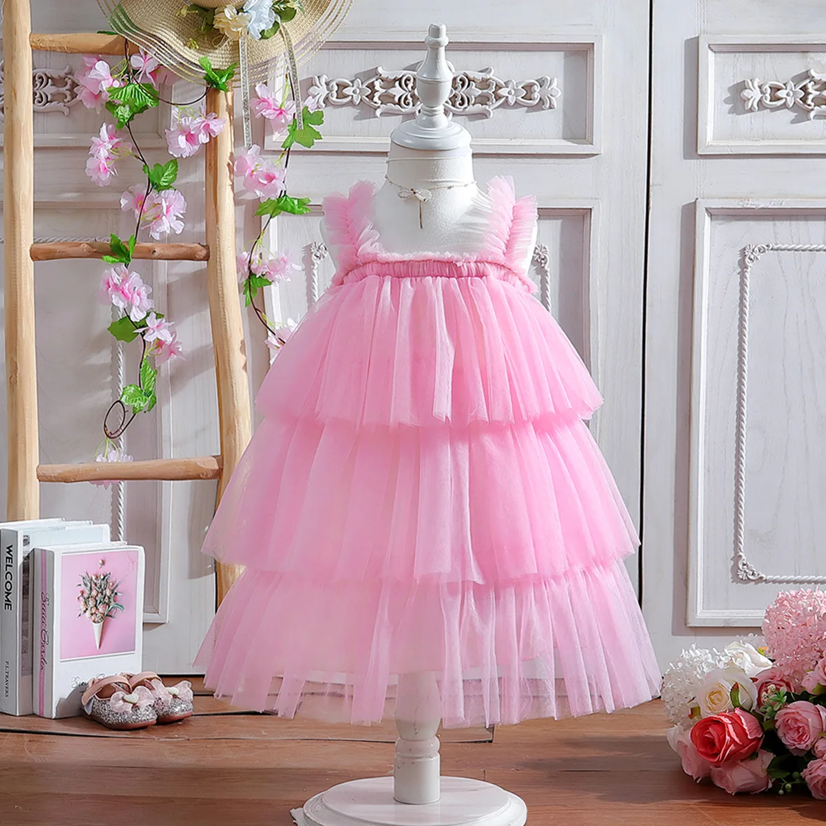 High Quality Girl Kids Clothes Korean Version Summer Mesh Yarn Sweet And Fluffy Princess Cake Dress