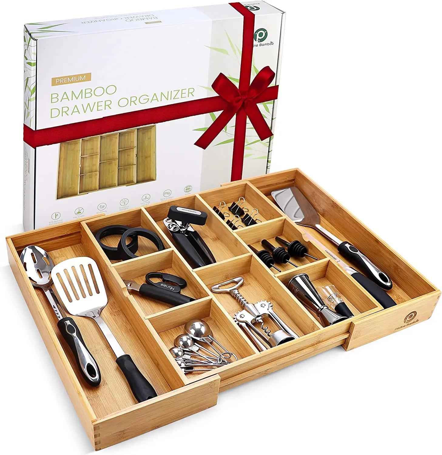 Bamboo Expandable Drawer Organizers for Kitchen - Extra Deep Non-Slip (expands up to 25 inches) Dark Wooden Silv