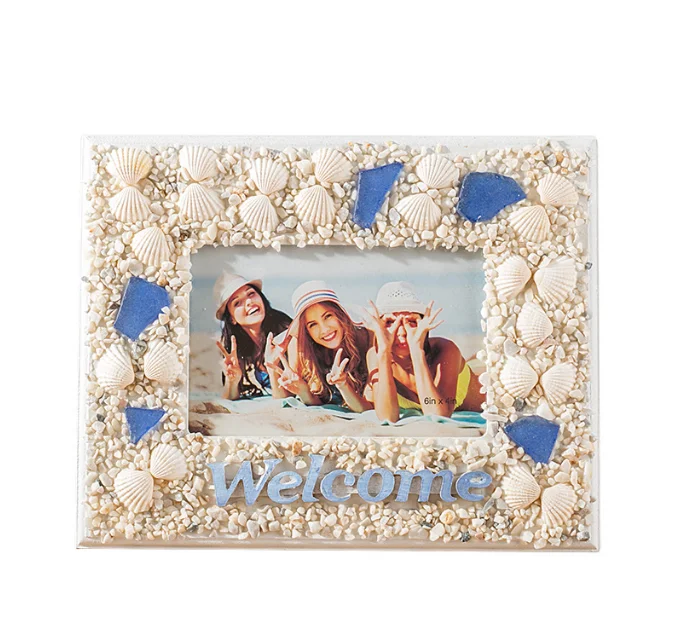 Custom logo tourist souvenir ocean beach design shell wood photo frame