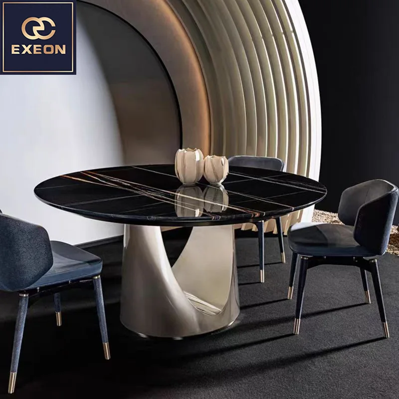Modern Long Ellipse Oval Home Furniture Dining Room Hotel Villa Stainless Steel Marble Design Metal Dining Table Set