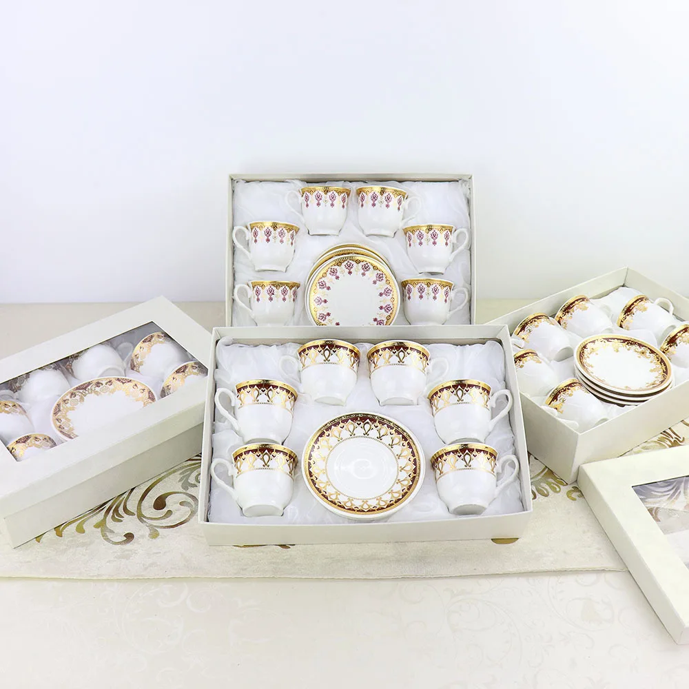 Gift Box Packing Set of 6 Coffee Cup and Saucer Arabic Style Porcelain Drinkware Tea Cups Set