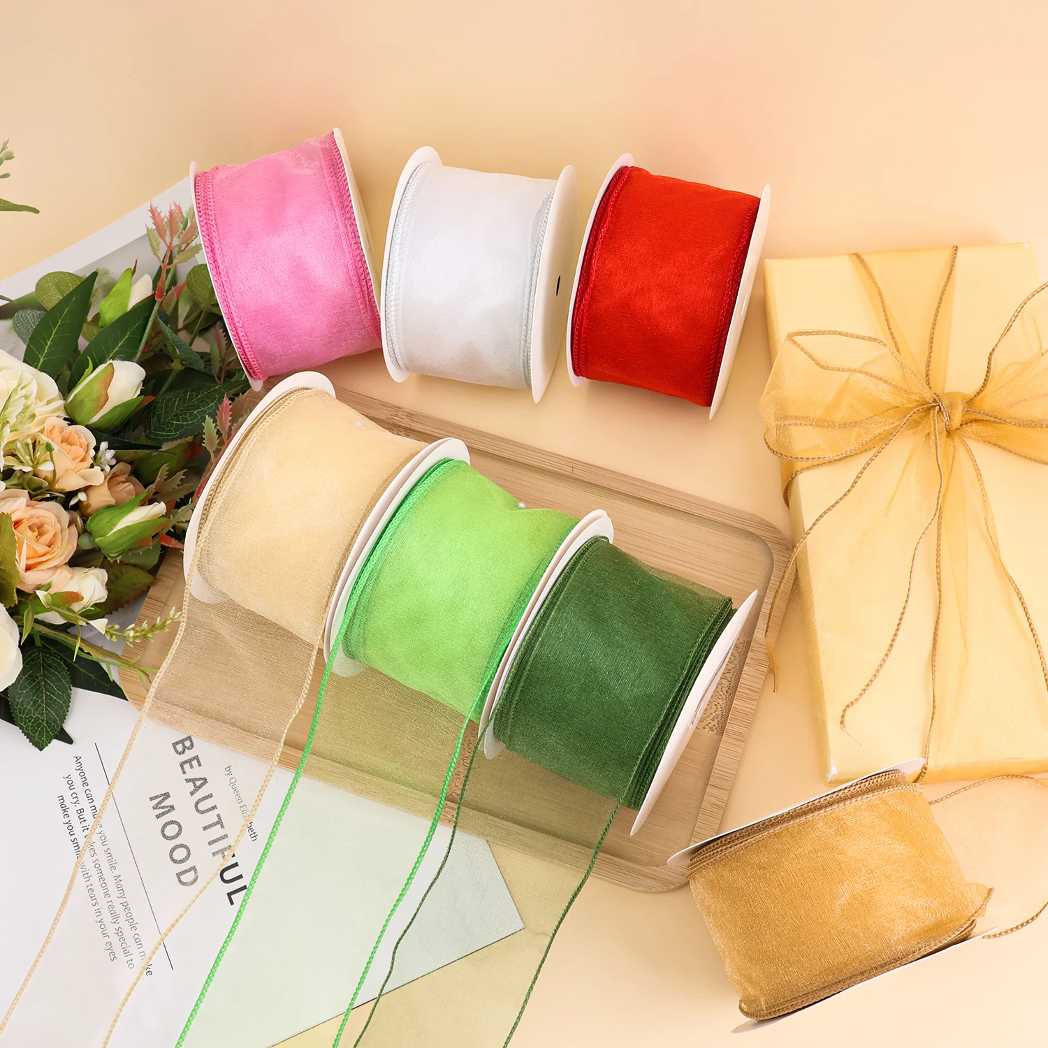 Midi Stock Solid Colors Fine Linen Burlap 63MM Width Christmas Wired Edge Ribbon For Wreath Tree Decoration