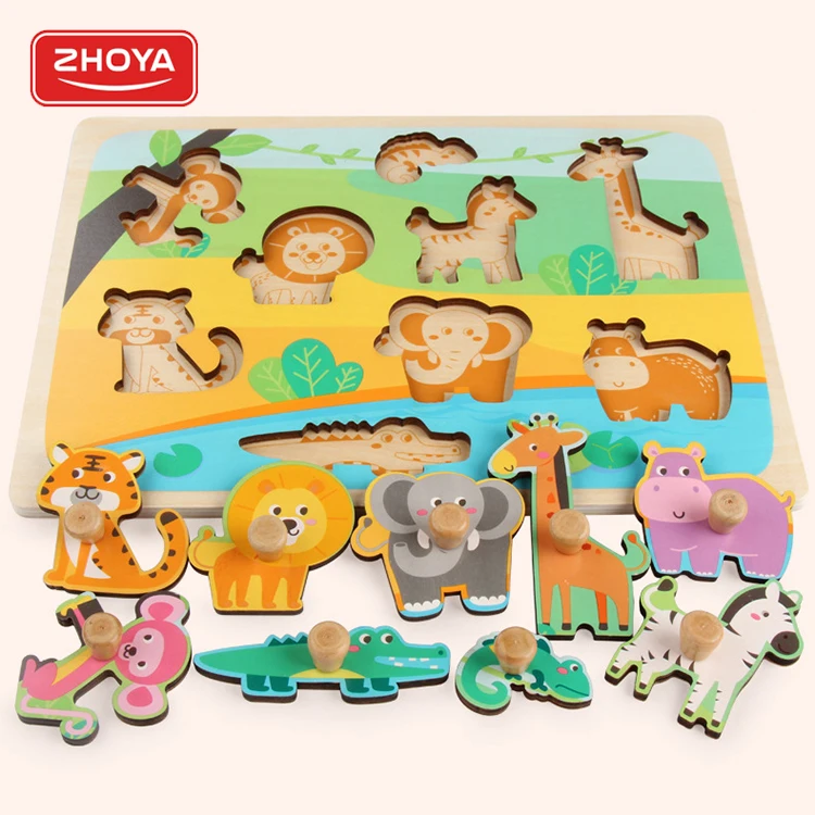 Toddler Educational Toys Hand Grasp Board Wholesale Custom Jigsaw Puzzles Cognition Wooden 3d Jigsaw Puzzle
