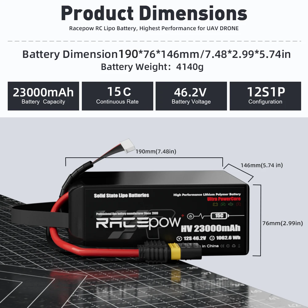 Racepow 6S/12S/14S 22.2V/23.1V  15C HV 23000mAh Semi-solid State Lipo Battery forindustry drones Cargo drone VTOL