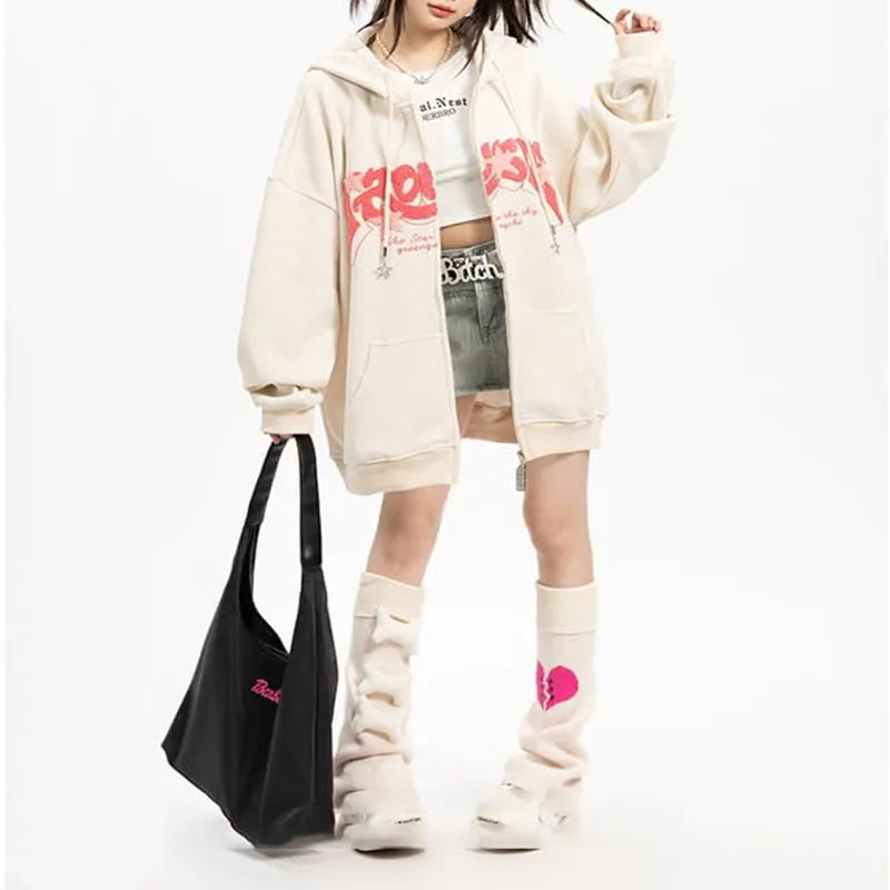 Y2K Zip Up Hoodie For Women Men Letter Star Graphic Print Hooded Corduroy Sweatshirt Jacket High Quality Embroidery Hoodie