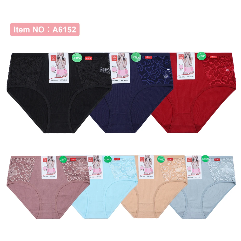 UOKIN  Basic plus size ladies lace panties pure cotton mid-rise large size underwear XXXL carding cotton panties A6152