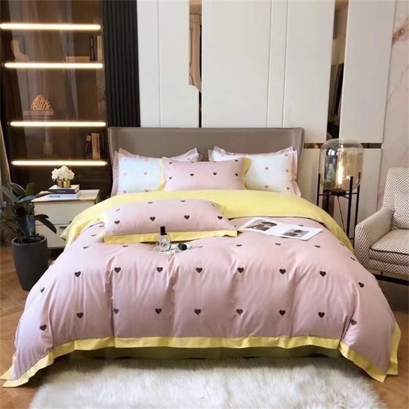 Pink Love Heart Embroidered Quilt Cover 4 Piece Set 100% Cotton Korean Girls Lovely Bedding Duvet Cover Cotton