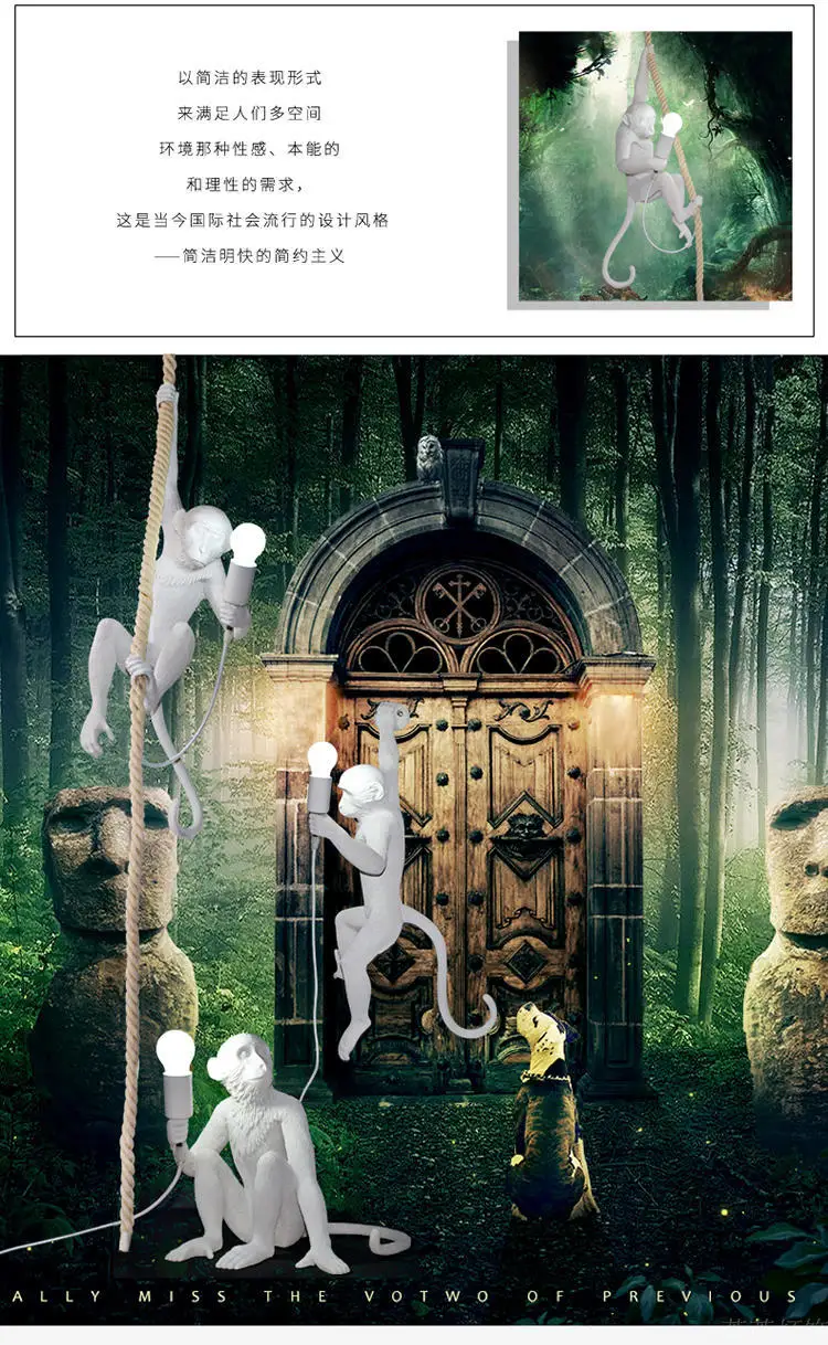 White Monkey Wall Lamp with Wire Socket Plug Resin Art Animal Wall Lights for Children Room Corridor Balcony Bedroom Restaurant